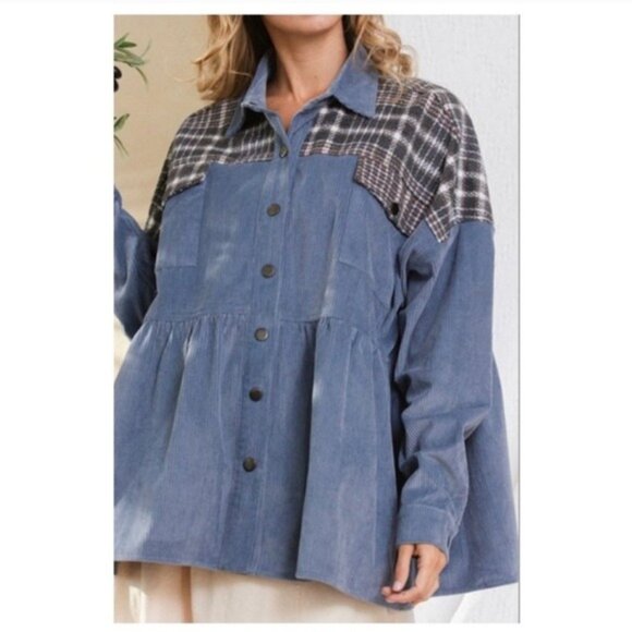 Womens Blue Corduroy & Plaid Button-Up Peplum Shirt Jacket-SIZE: LARGE-NEW - Picture 3 of 4
